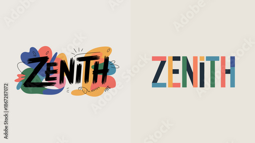 the image displays the word zenith in two distinct artistic styles one with colorful brushstrokes and one with a clean geometric design high quality professional detailed