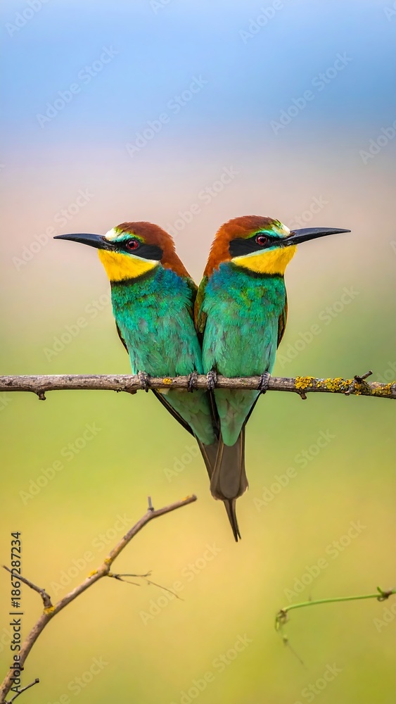 Fototapeta premium Two vibrantly-colored birds perched on a branch. They have multi-colored feathers and long beaks, in front of a soft blurry background