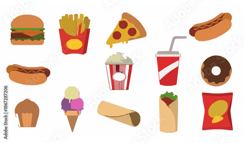 Cartoon Fast Food and Junk Snacks Flat Vector Illustration Set