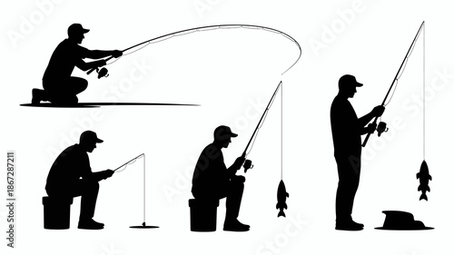 a silhouetted depiction showcasing various stages of fishing from casting a line to reeling in a caught fish representing the process high quality professional detailed modern