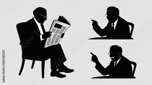 a grayscale image portrays three silhouetted figures of men one reading a newspaper and two gesturing with their hands suggesting discussion high quality professional detailed modern