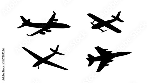 a collection of four black silhouettes depicting different types of aircraft in flight against a simple white background showing aerial transport high quality professional detailed modern