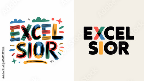 this image displays two vibrant and colorful typographic designs featuring the word excel and sior with varying styles and illustrative elements high quality professional detailed modern