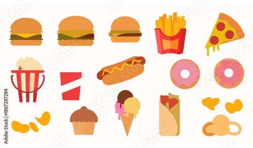 Fast Junk Food Flat Vector Illustration Set Isolated on White