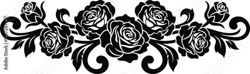 Black silhouette floral border with roses and swirls