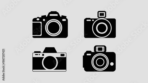 a set of four black silhouette icons showcasing different styles of cameras including both digital slr and rangefinder types high quality professional detailed modern elegant stylish