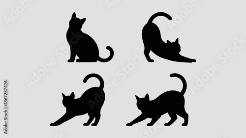 a minimalistic illustration depicts four black silhouettes of cats in various poses showcasing feline grace and simple design elements high quality professional detailed modern elegant stylish