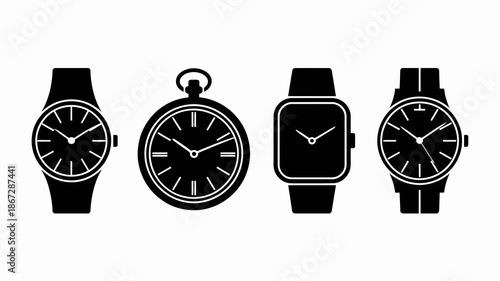a collection of four different styles of watches including a classic round wristwatch a vintage pocket watch a modern square smartwatch and a sleek chronograph