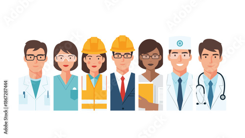 Diverse group of professional workers, including doctors, engineers, and scientists, representing various essential occupations and emphasizing career diversity.