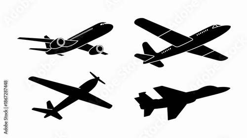 a collection of silhouetted aircraft is displayed featuring a commercial airliner a smaller plane a propeller plane and a fighter jet high quality professional detailed modern