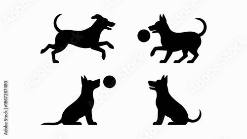 silhouette depictions of playful dogs engaging in fetching activities and enjoying balls in a minimalist style showcasing canine joy high quality professional detailed modern elegant stylish