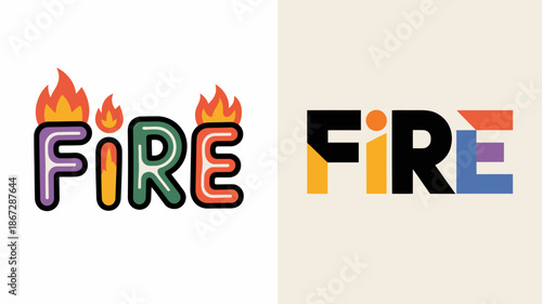 the image showcases two vibrant representations of the word fire using colorful stylized lettering and flame illustrations for visual impact high quality professional detailed modern elegant