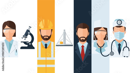 A dynamic composition featuring abstract representations of diverse professionals like scientists, engineers, lawyers, and medical staff, symbolizing a broad range of career fields.