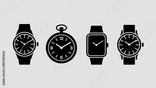 a collection of four distinct black watch silhouettes are displayed against a light gray background showcasing varied styles and designs high quality professional detailed modern elegant