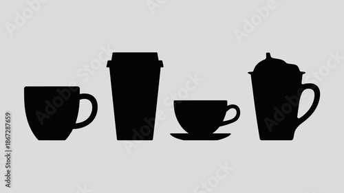 a minimalistic graphic presentation showcases four distinct silhouettes of coffee containers including a mug travel tumbler cup and saucer and a pot high quality professional detailed
