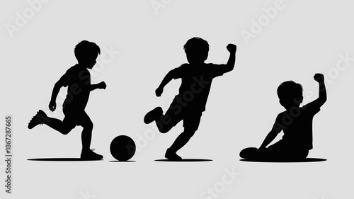 a simple silhouette illustration depicts three young boys engaged in a playful soccer game with one kicking the ball and others celebrating high quality professional detailed