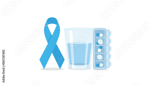 A light blue ribbon, a glass of water, and a pill organizer with various pills, symbolizing prostate cancer awareness, medication management, and general health care.