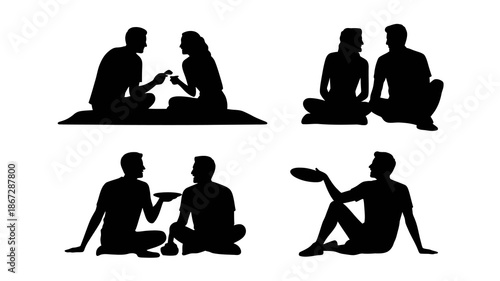 a collection of minimalist black silhouettes depicting people engaged in leisure activities such as picnicking and playing outdoors showcasing a relaxed atmosphere high quality professional detailed