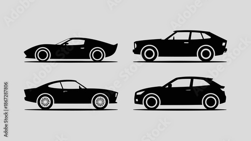 a sleek silhouette of four classic sports cars presented in a black monochrome style are showcased side by side high quality professional detailed modern elegant stylish