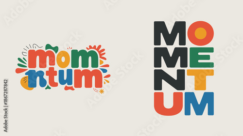 this image displays two distinctive typographic designs featuring the word momentum creatively rendered in varying styles and color palettes high quality professional detailed modern elegant stylish