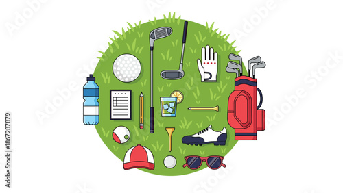 A comprehensive flat lay collection of golf essentials including clubs, balls, gloves, a cap, water bottle, sunglasses, and a scorecard, all arranged on a green grass background.