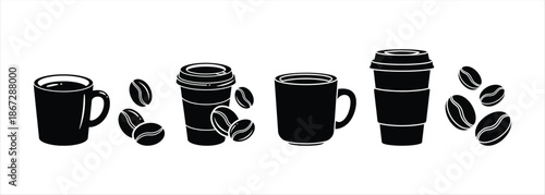Variety of Black Coffee Cups and Beans Silhouettes Graphic Collection Set