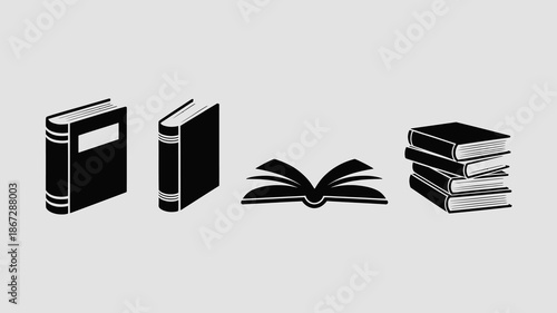 a minimalist depiction of various books including closed hardcovers an open book and stacked volumes illustrated in a simple black and white style high quality professional