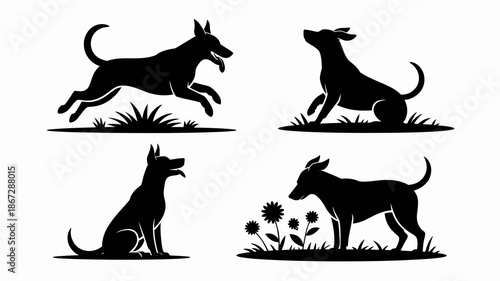 a minimalist depiction of four canine silhouettes showcasing various poses including jumping sitting and sniffing flowers in a grassy setting high quality professional detailed modern elegant