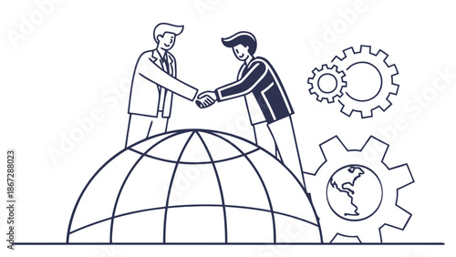 Business partnership handshake on globe with gears