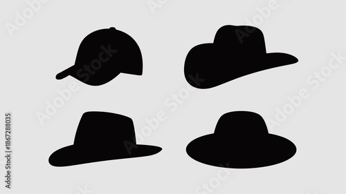 a minimalistic composition showcases four distinct silhouettes of hats including a baseball cap cowboy hat fedora and sun hat high quality professional detailed modern elegant stylish