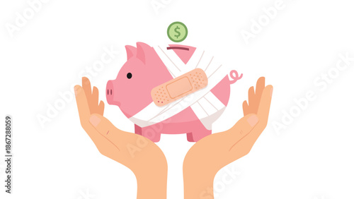 Pair of hands gently cradling a bandaged piggy bank, symbolizing financial recovery, aid, and the careful rebuilding of savings and economic stability.