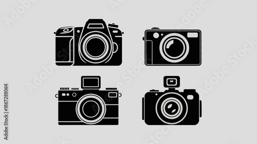 a minimalist illustration depicts four distinct camera silhouettes against a light gray background showcasing varied camera types and designs high quality professional detailed modern elegant stylish