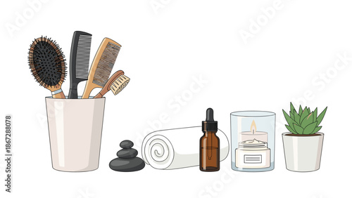 Serene spa and hair care setup featuring various brushes and combs in a holder, alongside calming elements like a towel, essential oil, candle, and succulent plant.