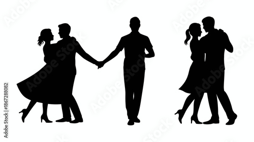 a black and white silhouette illustration depicts three couples joyfully dancing together showcasing a sense of romance and togetherness in a simple design high quality professional