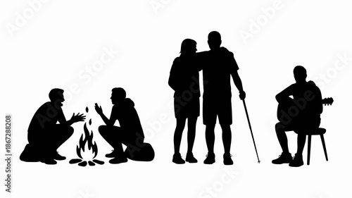 a silhouette depiction of people gathered around a campfire enjoying each other s company in a peaceful outdoor setting high quality professional detailed modern elegant stylish