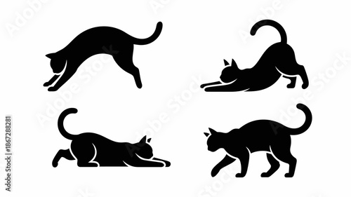 a striking visual depiction of four stylized black cat silhouettes in various poses showcasing feline grace and movement high quality professional detailed modern elegant stylish clean