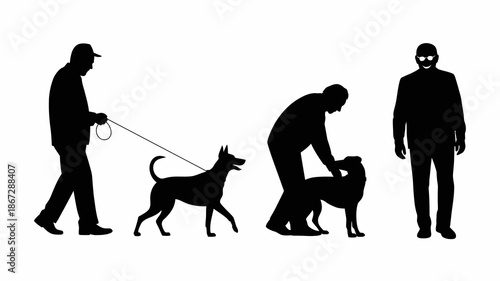 a silhouette depiction showcases a man walking a dog a bending figure interacting with the canine and a standing person nearby high quality professional detailed modern