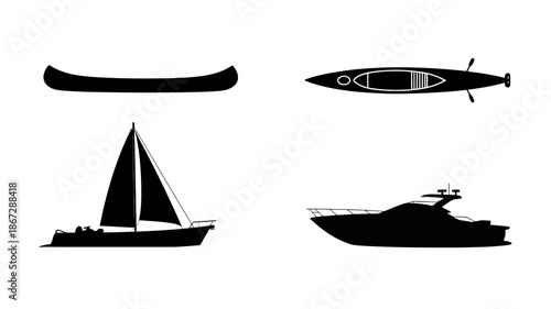 a collection of four distinct black silhouette icons representing different watercraft a canoe a kayak a sailboat and a motor yacht high quality professional detailed modern