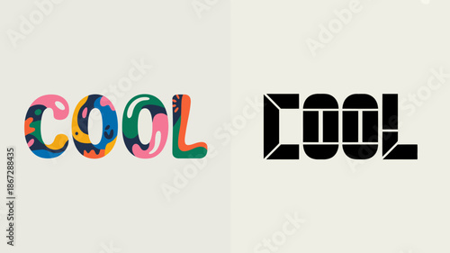 The image showcases a colorful playful rendition of the word cool alongside a stark modern black and white version demonstrating contrast high quality professional detailed elegant