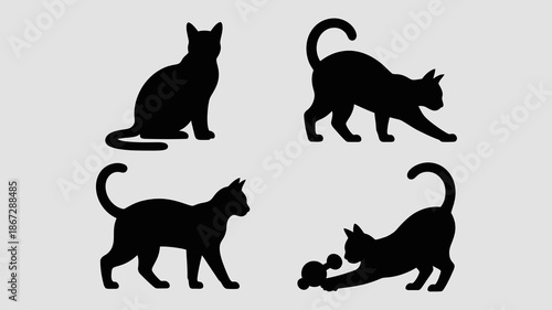 A minimalistic depiction showcases four black cat silhouettes in varied poses capturing their elegance and feline grace against a light backdrop high quality professional detailed modern