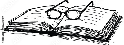 Open Book and Reading Glasses Hand Drawn Sketch Vector Illustration