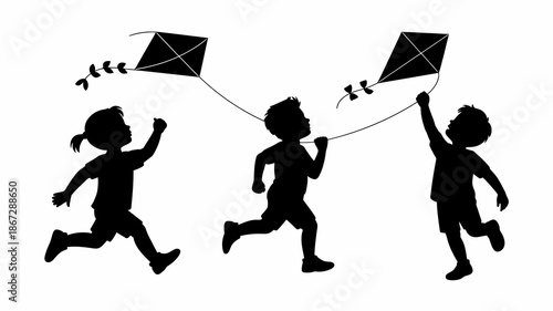 a silhouette illustration depicts three children joyfully running and playing with colorful kites in a bright open space high quality professional detailed modern elegant stylish clean