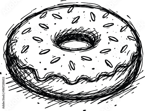 Hand Drawn Sketch Style Donut with Glaze and Sprinkles Black and White Doodle Vector Illustration
