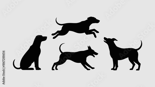 a striking silhouette depicting four dogs in various poses one sitting one leaping and two in motion high quality professional detailed modern elegant stylish clean crisp