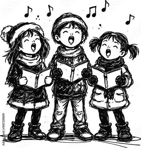Black and white sketch vector of three happy children caroling and singing Christmas songs in winter clothes holding hymnals