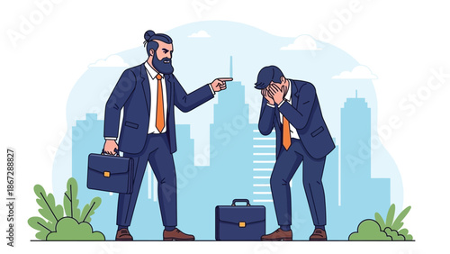 Business Conflict Between Colleagues: Boss Points, Employee Distressed In Urban City Setting