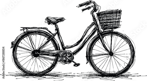 Black Ink Sketch of Vintage Bicycle with Wicker Basket Hand Drawn Vector Retro City Bike Transport Illustration