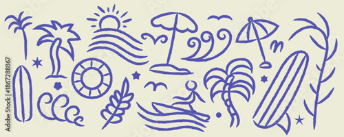 Hand Drawn Doodle Elements with Surfboard, Palm Trees, Surfer, Umbrella, Swim Ring, Sun, and Plants. Suitable for T-Shirt Design, Poster, and More