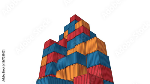 Striking pyramid-like stack of various colorful shipping containers, illustrating global logistics, cargo transport, and international trade supply chains.