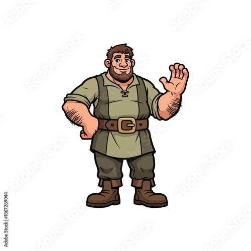 Burly bearded man in medieval style clothing waving hello